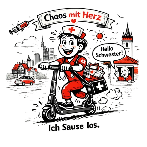 Karikatur einer Pflegefachkraft auf einem Roller mit dem Schriftzug Chaos mit Herz - Ich sause los.